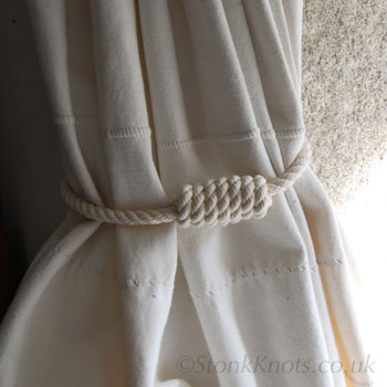 Barrel Knot rope curtain tieback on curtain