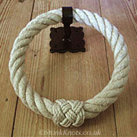 Rope towel ring in hemp with turks head whipping and wrought iron ornate base fitting