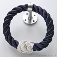 Rope towel ring in navy nylon with cotton cord turks head whipping and satin chrome fitting