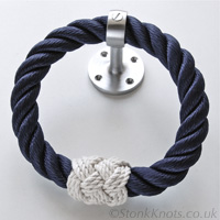 Rope towel ring in navy with cotton cord turks head whipping and satin chrome fitting