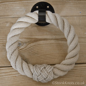 Rope towel ring in posh with turks head whipping and wrought iron round base fitting