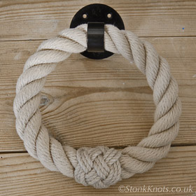 Rope towel ring in POSH with turks head whipping and wrought iron round base fitting