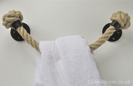 Rope Towel rail in hemp with manrope knots and wrought iron round base fittings