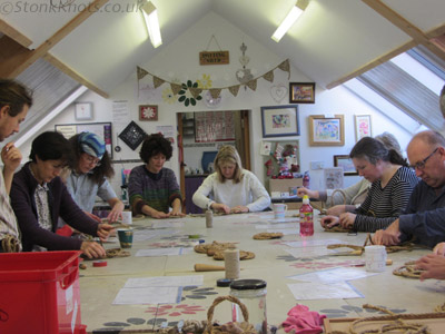Making Turks Head thump mats and baskets at a day workshop, The Workshop for the Would-Be Creative, 2014