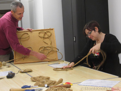 Demonstrating the stages of making a Turk's Head thump mat in manila cord, day workshop at The Ropewalk, 2014
